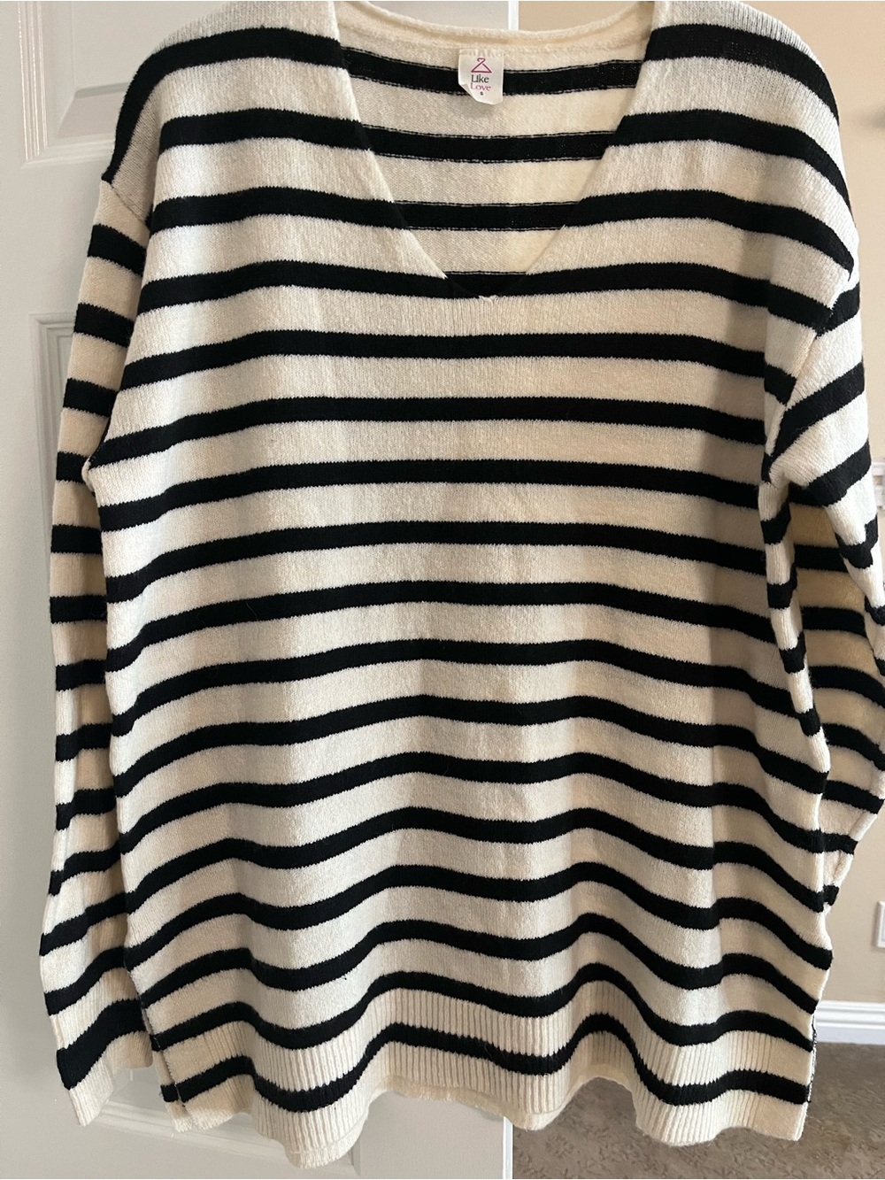 Like Love Striped Black & Cream V-Neck Sweater